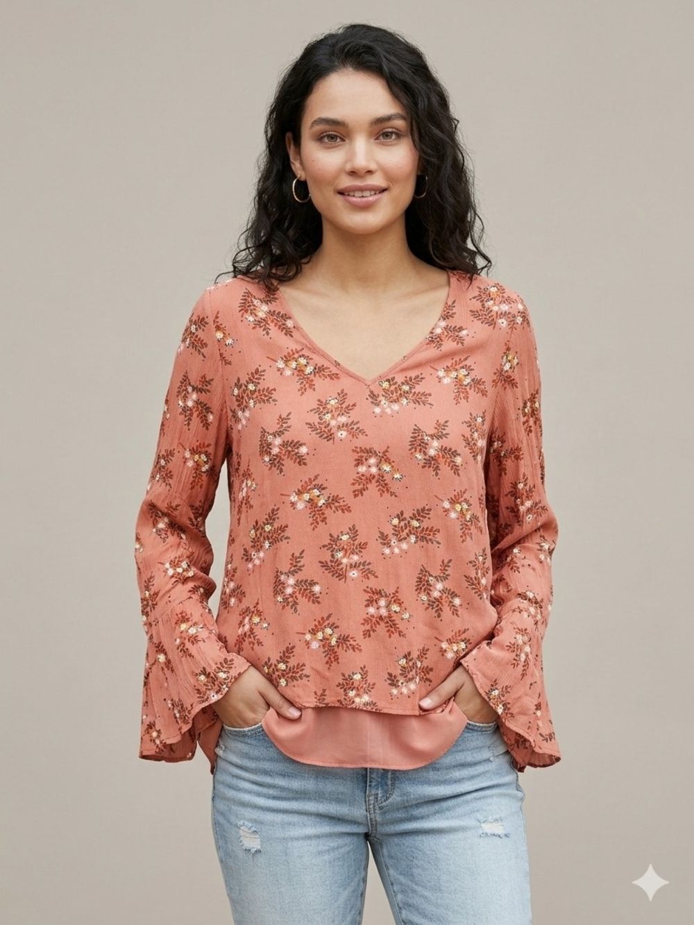 LC Lauren Conrad Floral V-Neck Blouse XL Dusty Rose Orange Lace Back Bell Sleeve